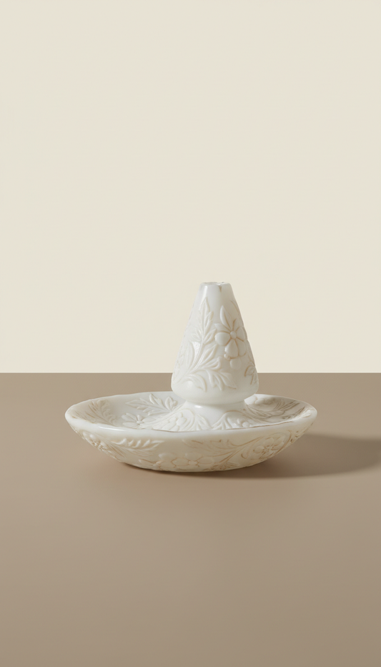 Embossed glass incense holder with weighted base