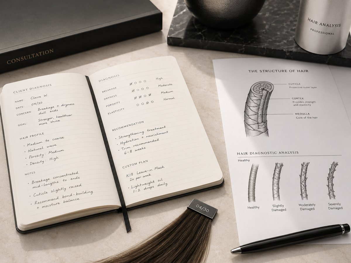 An open notebook and printed hair analysis sheet on a tabletop, with a black hair sample swatch labeled GATO and a black pen nearby. A white bottle marked HAIR ANALYTICS is partially visible in the background.