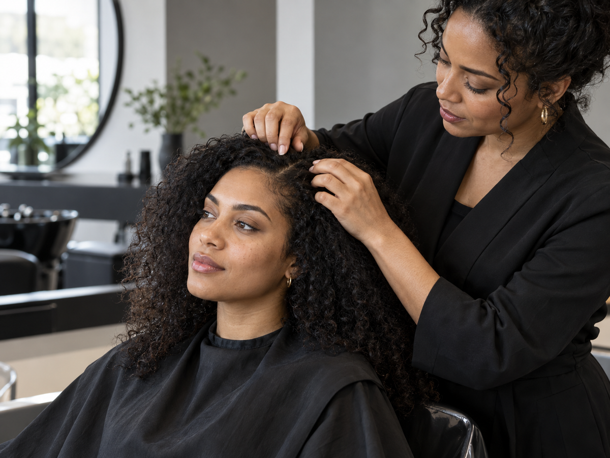 A stylist gently caring for the scalp and hair