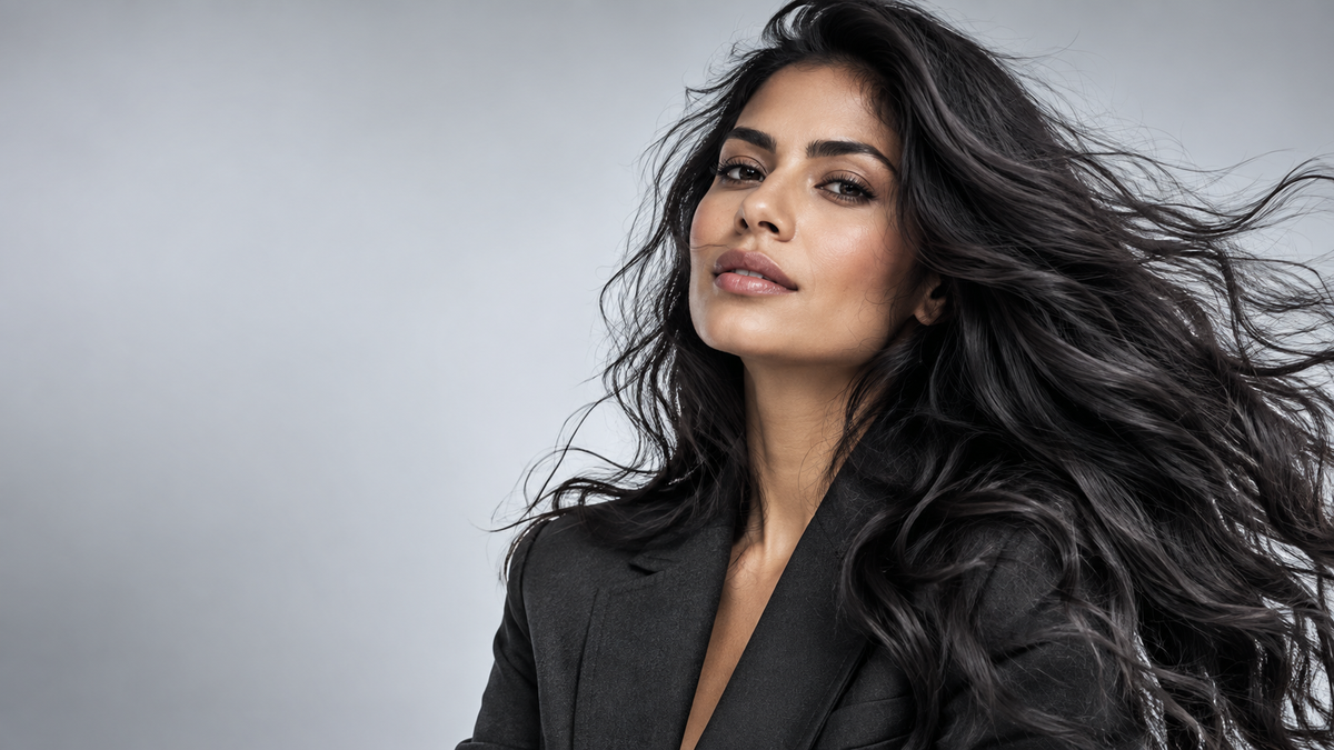 A woman with long, windblown black hair wearing a black blazer, shown in a close-up portrait against a light gray studio background.