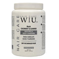 A white plastic tub of WIU Hair Care Mask Coconut & Almond on a solid gray background.
