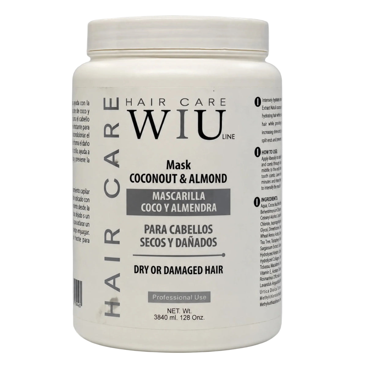 A white plastic tub of WIU Hair Care Mask Coconut & Almond on a solid gray background.