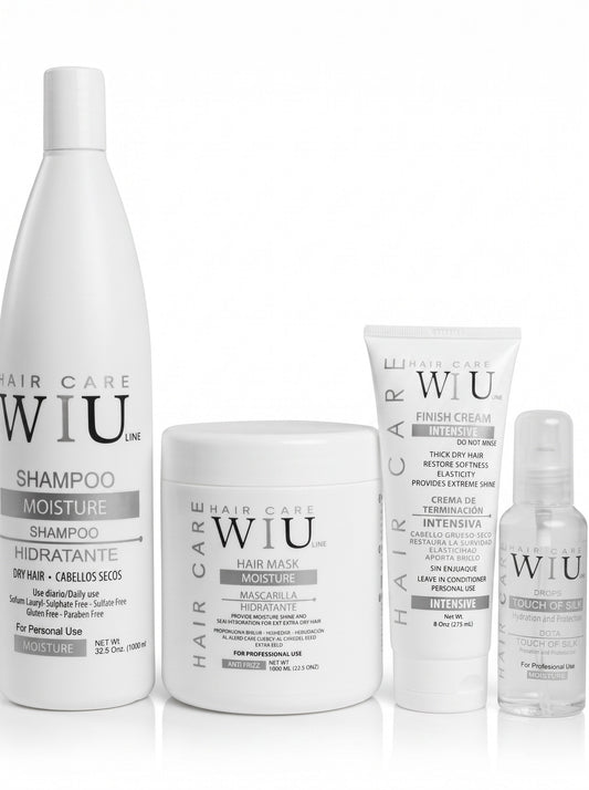 Sarise Cosmética 4-piece moisture hair care set including shampoo, hair mask, finish cream, and silk drops.