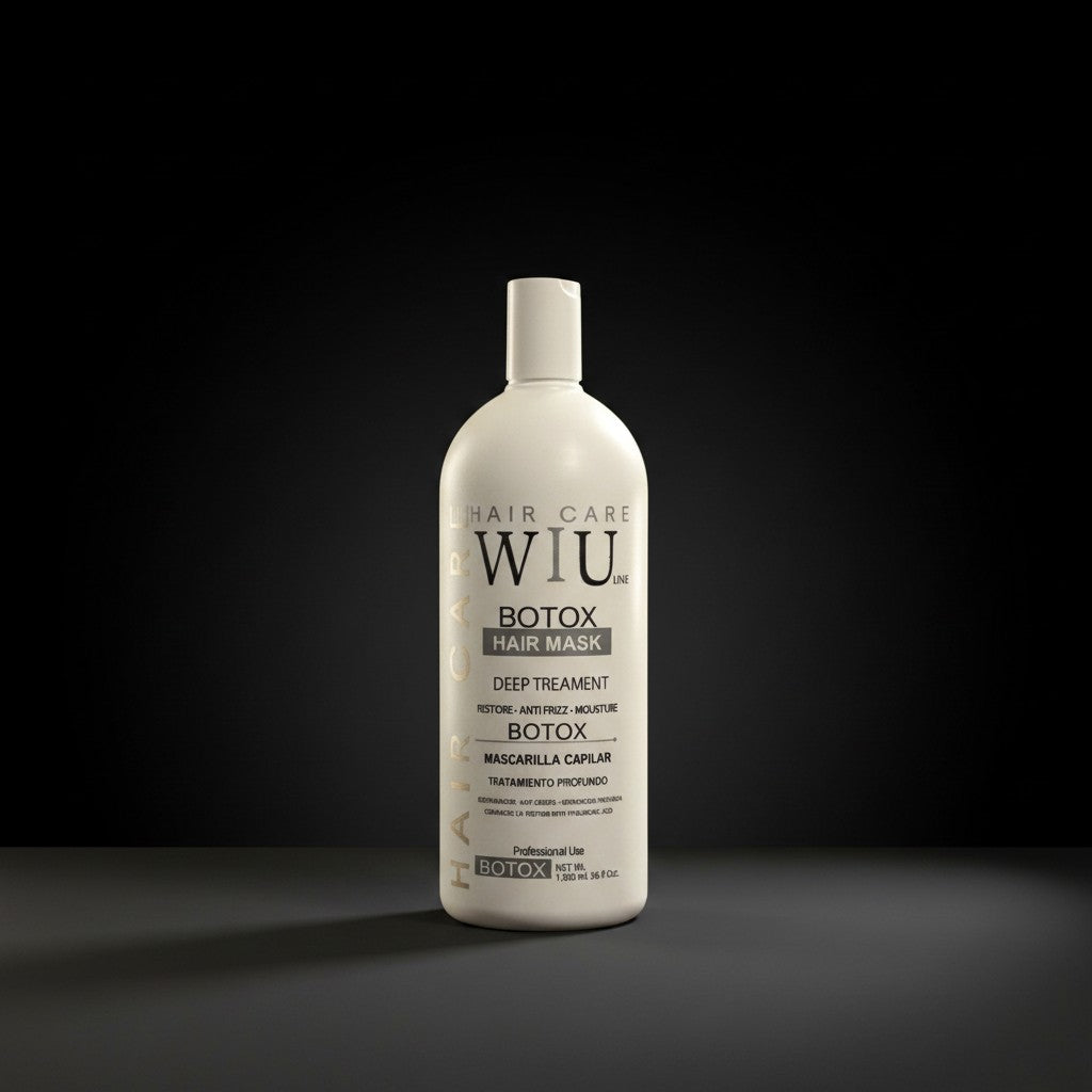 Sarise Cosmética WIU Botox hair mask bottle for deep treatment, anti-aging, and frizz control on a black background.