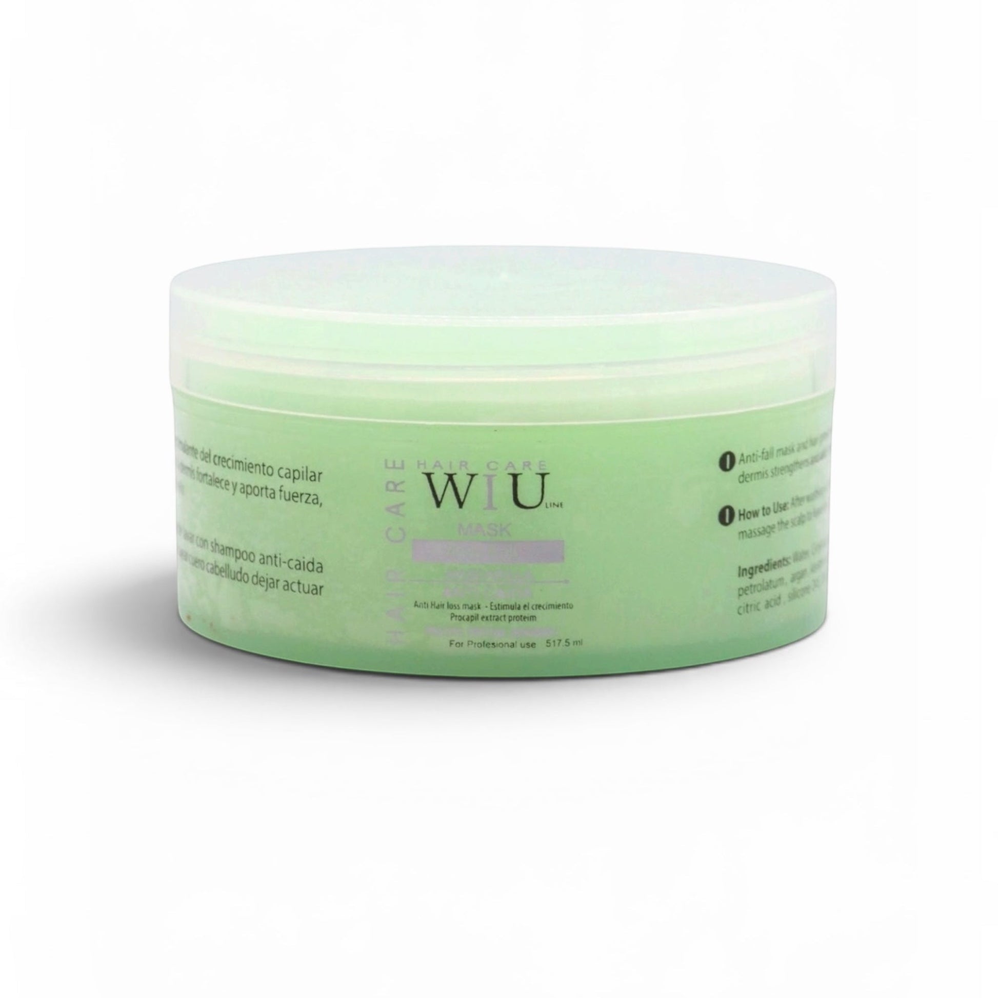 Sarise Cosmética Wiu Hair Care anti-fall strengthening hair mask in a light green 517.5ml jar for thinning hair.